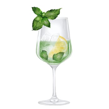 Mojito in a glass watercolor drawing. Hand drawn illustration of alcoholic drink with ice,lemon and mint on white background. Clip art of drinks. Ideal for bar and restaurant menu on the beach. High quality illustration