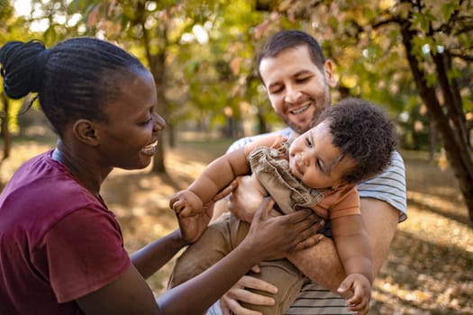 In a serene park filled with autumn foliage, a joyful couple enjoys playful moments with their curious baby. Warm sunlight filters through the trees, creating a cozy atmosphere.