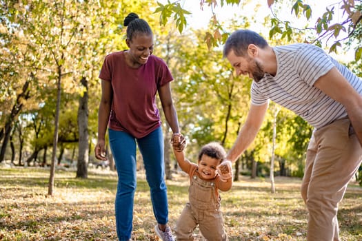 A family enjoys a sunny day in the park, with a child giggling while taking steps between two adults. The autumn foliage adds a colorful backdrop to their laughter and playful interactions.