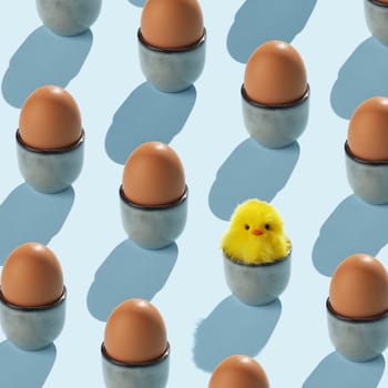 A pattern of brown egg holders with brown eggs. One egg cup has a yellow fluffy chicken in it.