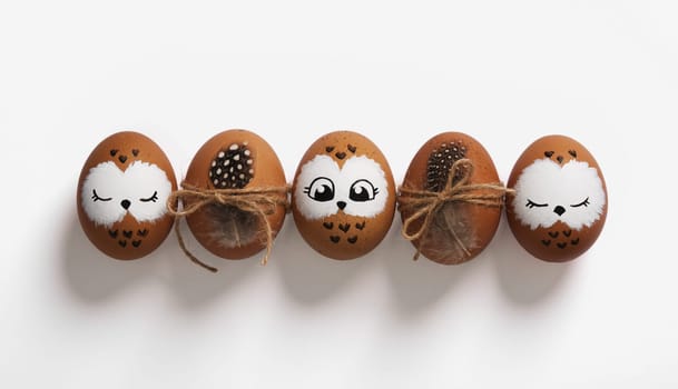 Funny owl family. Brown Easter eggs with painted faces, eggs with bird feathers.