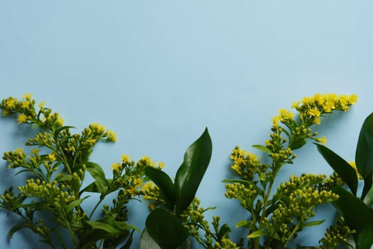 Yellow wildflowers with green leaves are arranged along the bottom of a light blue background, a frame for your text. Suitable for seasonal themes, botanical concepts and eco-friendly, bright visual projects with clean aesthetics.