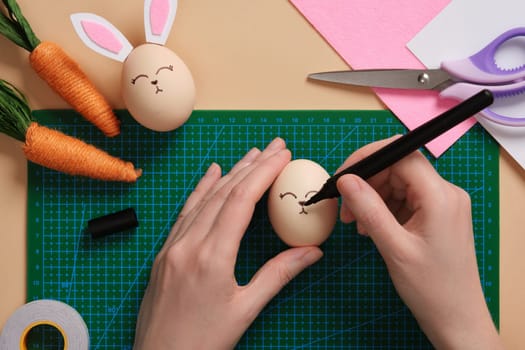 DIY Easter Bunny Egg Craft. Step-by-step instructions. Draw a rabbit face on the egg with a felt-tip pen.