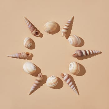 Round frame of brown shells on a beige background with hard shadows. A place for your text.