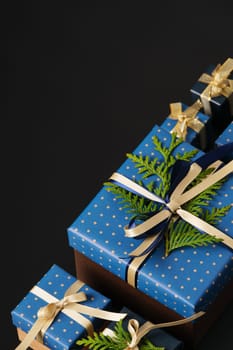 Selective focus wrapped gifts decorated with blue polka dot paper, gold ribbons and sprigs of fresh greenery on a black background. Space for your text