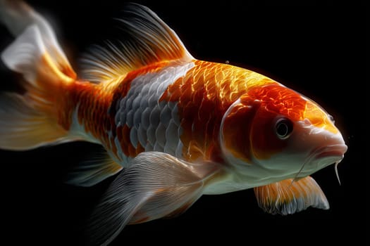 Close up of a orange color koi with copper hues floats calmly. Fish concept.