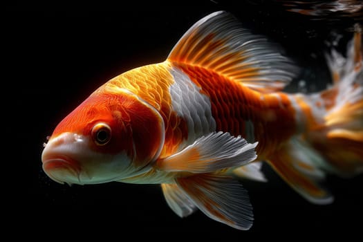 Close up of a single orange koi fish in dark clear water. Koi fish concept.