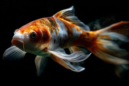 Close up of a orange color koi with copper hues floats calmly.