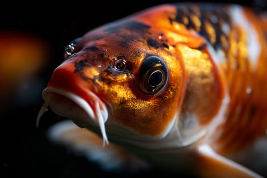 Close up of a orange color koi fish with copper hues floats calmly, exuding quiet strength in a blue black pond.