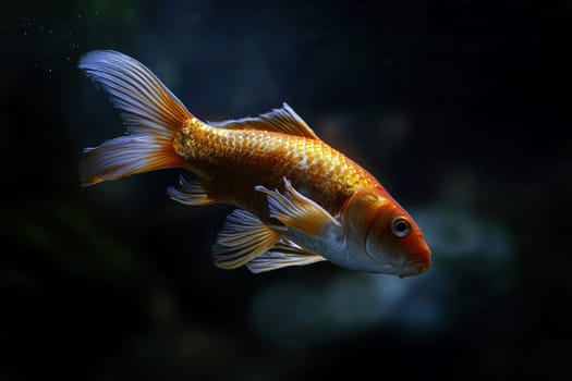 Orange color koi with copper hues floats calmly, exuding quiet strength in a blue black pond.