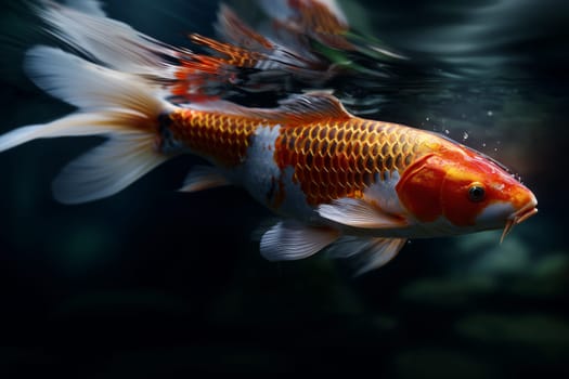 A koi with copper hues floats calmly, exuding quiet strength in a blue black pond.