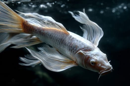 Close up of white orange dragon koi fish in clear water. Fish and water concept.