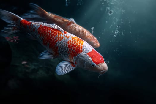 The orange and red hues of this koi fish resemble flames dancing under water.