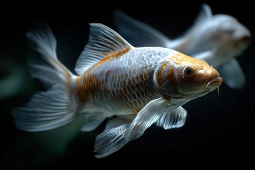 Close up of white orange koi fish in dark clear water. Fish and water concept.