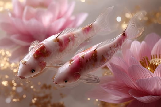 Top view of pink and white koi fishes in clear water. Fish and water concept.
