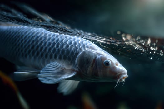 A white koi fish with copper hues floats calmly, exuding quiet strength in a blue black pond.