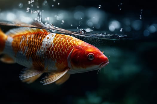 The koi’s metallic red-orange tones ignite the scene with warmth.