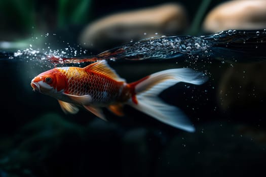 Contrast and elegance merge in a koi illuminated under dim light.