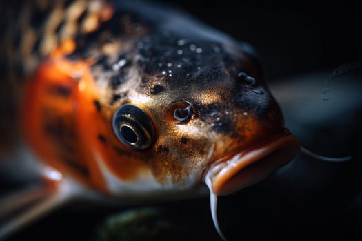 Close up of a orange color koi with copper hues floats calmly, exuding quiet strength in a blue black pond.