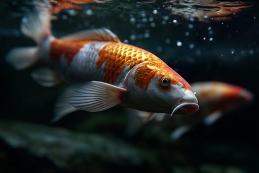 A red koi glides gracefully, trailing bubbles like a silent underwater whisper.