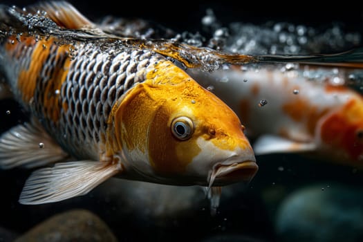 The koi metallic yellow orange tones ignite the scene with warmth.