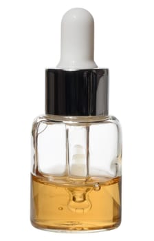 A small, clear glass dropper bottle containing a yellow or amber liquid, with a white dropper cap, isolated background