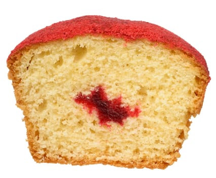 A cross section of a baked muffin red, jam filling visible in the center, topped with red crumbs, isolated background