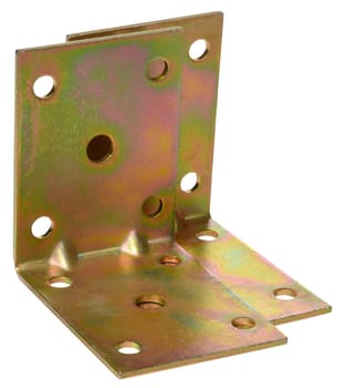 A shiny, golden colored metal corner bracket or angle brace with multiple screw holes, used for structural support, isolated background