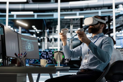 Data center engineer using virtual reality technology to visualize artificial intelligence neural networks. Server room worker using VR headset equipment to oversee AI systems