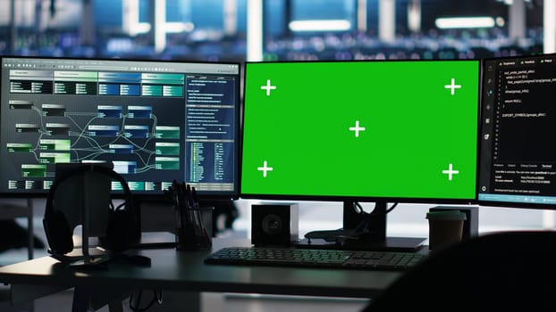 Visual programming systems on green screen PC in data center tracking infrastructure performance. Chroma key displays in server hub displaying node tree programming detecting equipment issues