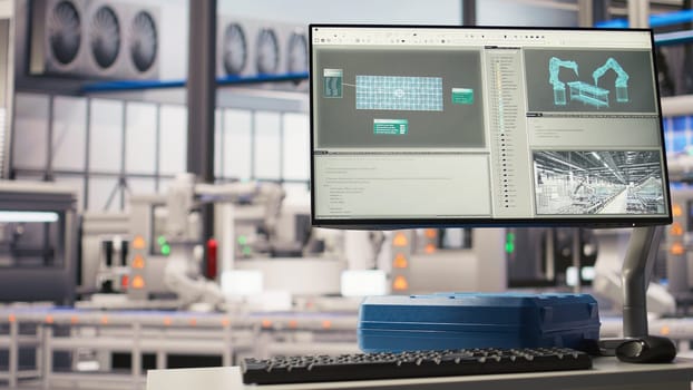 Display in industry 4.0 solar panels plant troubleshooting equipment malfunctions through IoT sensors. Monitor in smart photovoltaics factory alerting in case of maintenance need