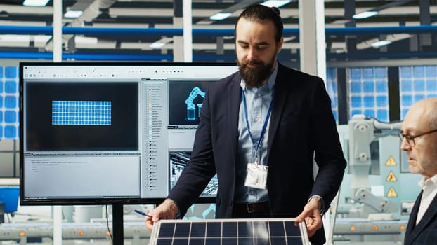 Scientists in photovoltaics factory experimenting with advanced PV materials to improve solar panel durability and efficiency for long term sustainable energy solutions, camera B