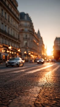 Elegant symmetrical Parisian Haussmann boulevard in soft morning light on street..