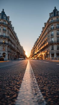 Elegant symmetrical Parisian Haussmann boulevard in soft morning light on street..