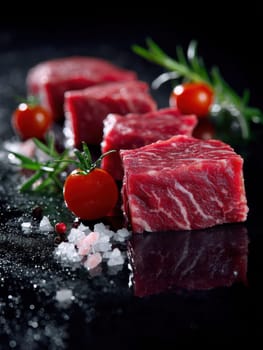 a raw piece of marbled beef prepared, is showcased alongside fresh tomatoes, aromatic rosemary, and peppercorns..
