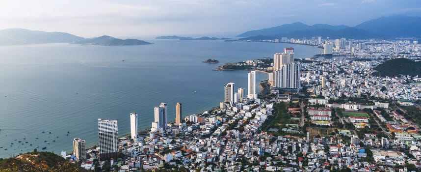 Panorama of Nha Trang city in Vietnam aerial top view from mountain