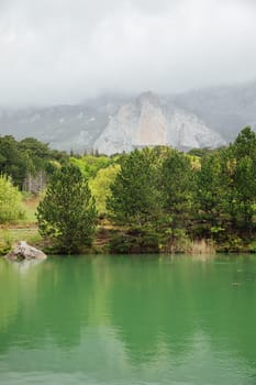 Beautiful landscape of green forest lake with mountains in the background
