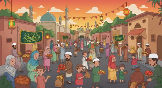 A bustling street market near a mosque during a festive occasion, filled with people buying goods, lanterns, and local cuisine. A joyous atmosphere showcasing cultural traditions and community spirit.