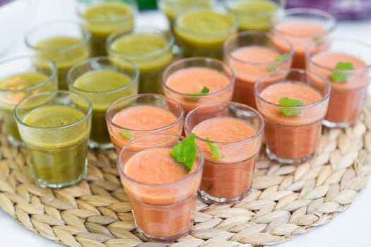Assortment verrines with tomato and zucchini wedding starter