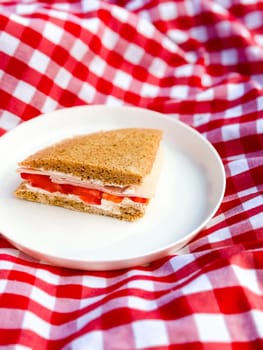 Ham and cheese sandwich on white plate with red checkered picnic blanket. High quality.