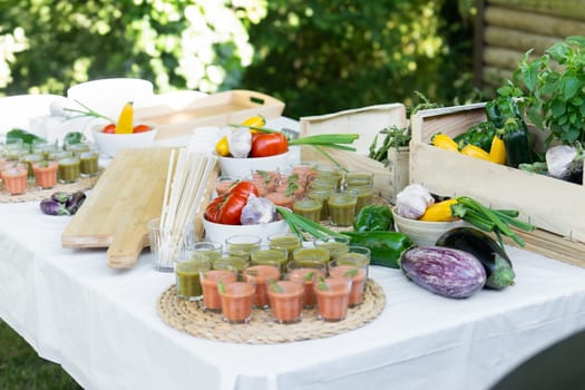 Fresh bio eco vegetables and verrines on a catering table for a wedding or birthday