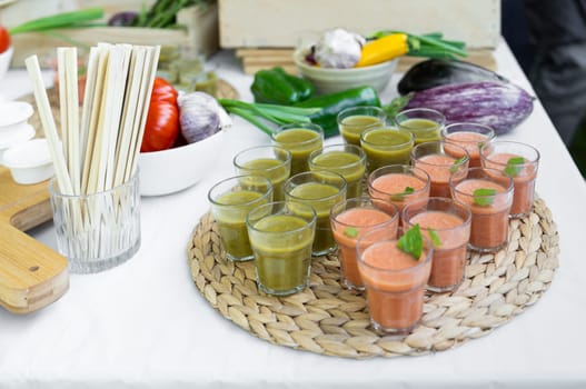 Fresh bio eco vegetables and verrines on a catering table for a wedding or birthday