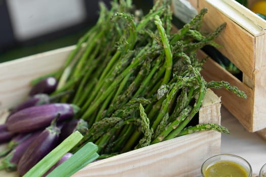 Fresh bio eco vegetables asparagus and verrines on a catering table for a wedding or birthday