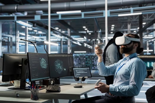 Data center engineer monitoring AI systems performance using VR headset, identifying bottlenecks. Artificial intelligence server farm worker troubleshooting glitches using virtual reality