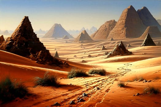 Desert. Sand dunes. Old, ruined stone pyramids, stones, sparse vegetation. Illustration AI.