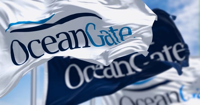 Everett, Washington, US, June 20 2023  Oceangate flags waving. OceanGate is a company specializing in deep-sea exploration and underwater technology. Illustrative editorial 3d illustration render