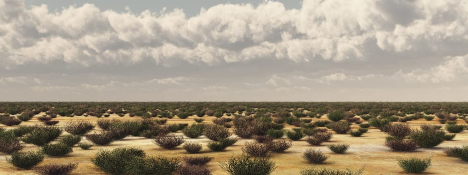 Computer generated 3D illustration with flat scrubland and cloudy sky