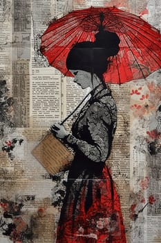 A young woman walks with an umbrella against the background of old newspaper pages. Illustration AI.