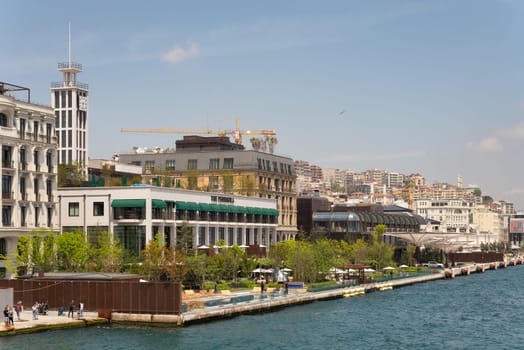 Istanbul, Turkey - May 8 2023: Exterior of modern architectural design building of Grand Tarabya five stars hotel, suited by Bosphorus Strait, at Sariyer district, in a summer day