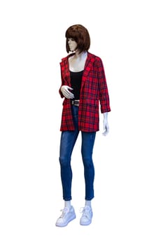 Female full length mannequin wearing a denim jeans, a red checked jacket, a black shirt and white sneaker isolated on white background. Woman with casual fashion.